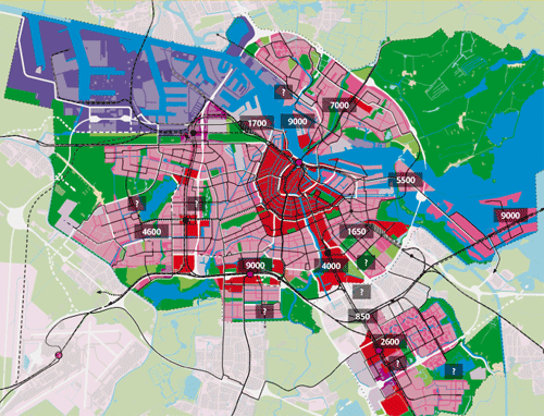 Kaart van Amsterdam met geplande woningbouw
