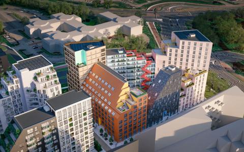 DUWO impressie van studentencomplex met vijf huizen in Hyde Park