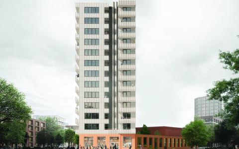 Ontwerp voor woon-werkgebouw in Buiksloterham. Ontwerp door Space&Matter. Ontwikkeling door Maarsen Groep