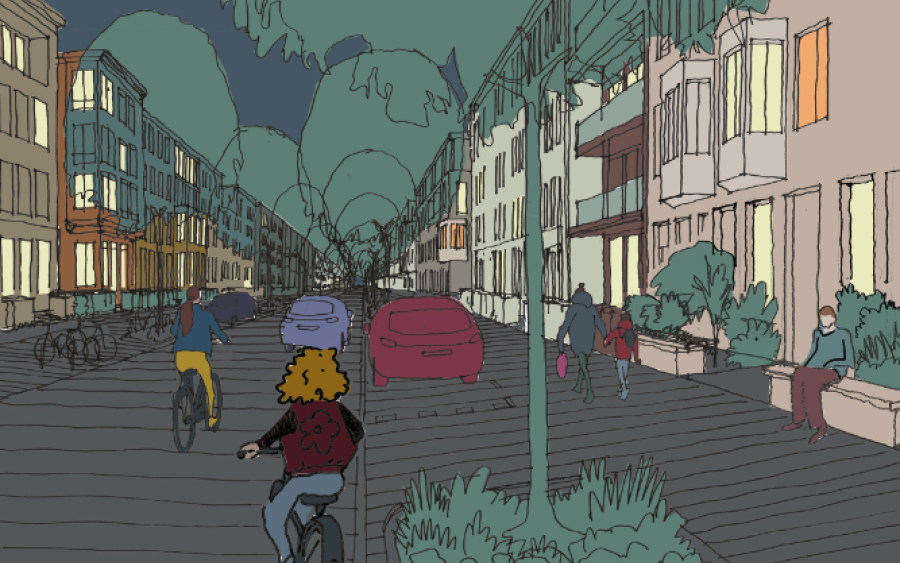 Figuur uit Sociale veiligheid in het fysieke domein: voorbeelduitwerking van een sociaal veilige omgeving waarbij openbare ruimte, stedenbouw & architectuur en programma op ooghoogte elkaar versterken.