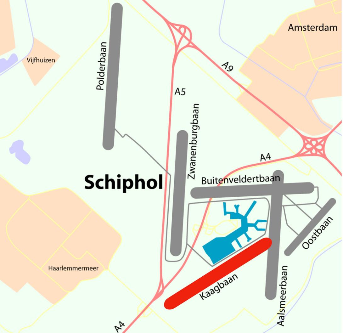 Kaartje met banen schiphol +kaagbaan. Basiskaart van NielsB - Eigen werk, CC BY-SA 3.0