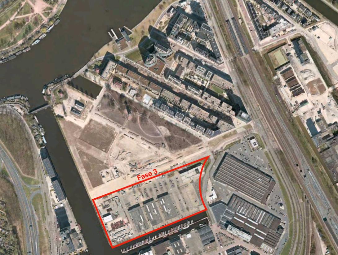 Amstelkwartier luchtfoto met fase 3 ingetekend