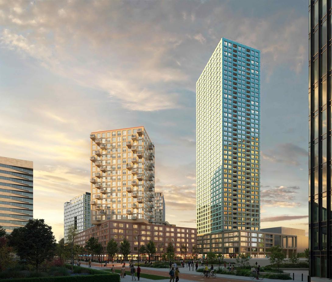 In Amsterdam Zuidoost verrijst de nieuwe stadswijk 'Eleven Square'. Onderdeel hiervan wordt de hoogste woontoren van Amsterdam van 145 meter en 44 verdiepingen hoog. Deze staat rechts op de foto.