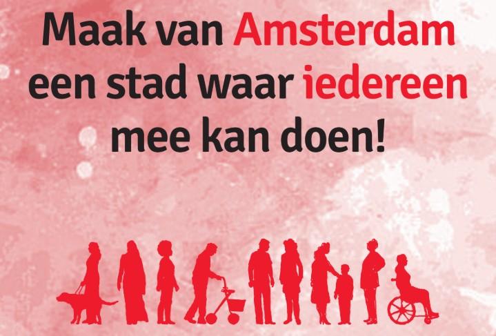 Uitsnede flyer Cliëntenbelang. Tekst: Maak van Amsterdam een stad waar iedereen mee kan doen!