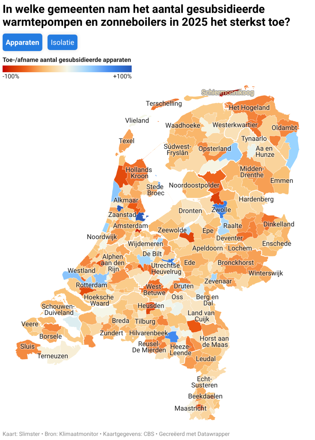 In welke gemeenten nam het aantal gesubsidieerde warmtepompen en zonneboilers in 2025 het sterkste toe?