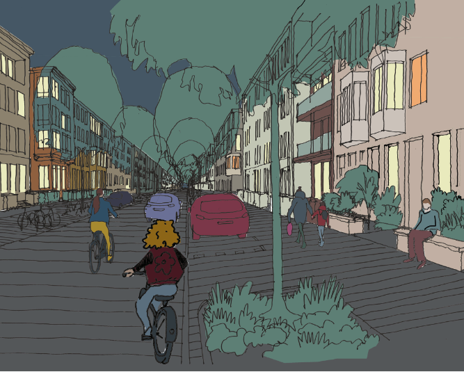 Figuur uit Sociale veiligheid in het fysieke domein: voorbeelduitwerking van een sociaal veilige omgeving waarbij openbare ruimte, stedenbouw & architectuur en programma op ooghoogte elkaar versterken.