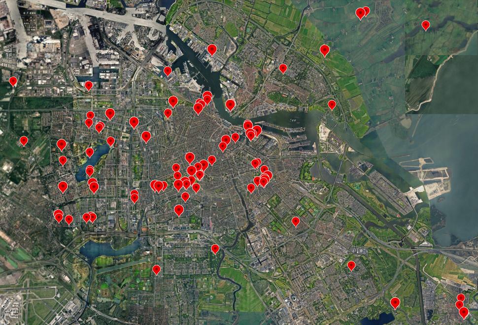 De kaart van gemeente Amsterdam met monumenten en beschermde stadsgezichten, aangewezen tussen 2021-205